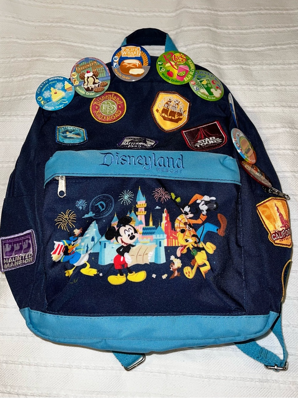 Disney Navy and Light Blue Mickey & Friends Patch Backpack + Pins